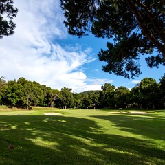 Fototapeta premium Scenic golf course view with lush green grass and cloudy blue sky landscape