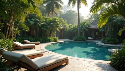 Obraz premium Tropical garden pool area with chaise lounges under palm trees. Luxury resort poolside with tranquil green landscaping. Idyllic vacation getaway, perfect for relaxation and tourism.