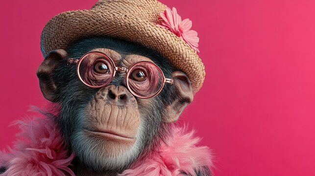 Monkey Dressed in Hat and Glasses Against a Pink Colored Background