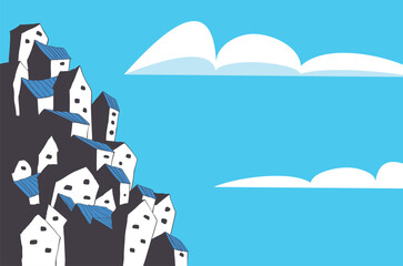 Whimsical houses climb skyward under fluffy clouds, creating a charming, storybook village scene