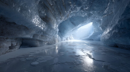Interior of ice cave with translucent blue walls and frozen reflective floor, panoramic view