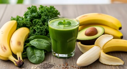 A vibrant green smoothie with banana, kale, spinach, and avocado, a healthy and refreshing drink packed with vitamins, antioxidants, and fiber on a wooden table