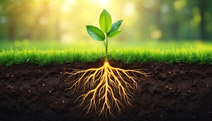 Thriving plant with deep roots in rich soil. Sunlight filters through green grass and leaves, illustrating natural growth, earth science, and agriculture. Healthy root system in dark earth.