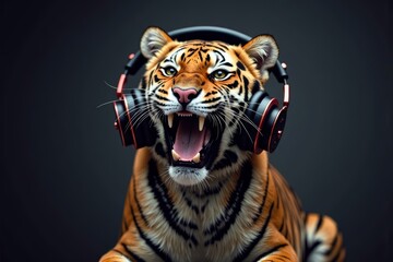 Obraz premium Tiger Wearing Headphones Listening to Music on a Dark Background