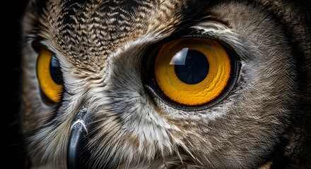 A captivating closeup of an owls piercing eyes, showcasing its majestic beauty and intense gaze in a wildlife portrait, highlighting the intricate details of its feathers