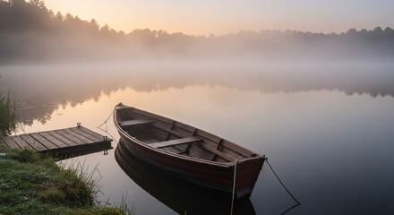 A wooden boat docked at a misty lake with a small pier under a soft morning light reflecting on water