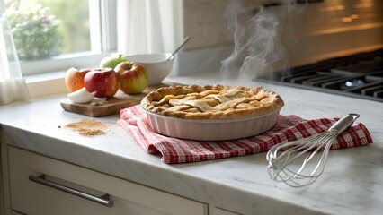 Freshly baked apple pie steaming on a red and white checkered towel on a marble kitchen counter