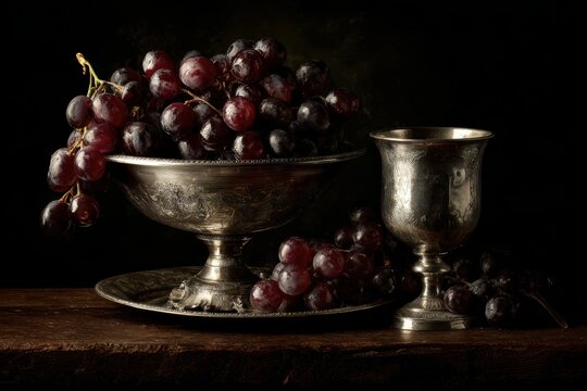 Still life Red grapes in antique bowl and goblet on rustic wood. Food photography, dark background - Powered by Adobe