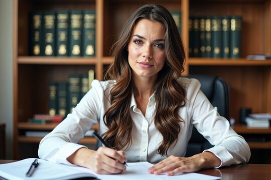 A woman paralegal immersed in work at a law office, surrounded by paperwork and legal documents.
