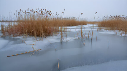 Serene winter marsh landscape with icy water and dry reeds under a cloudy sky.