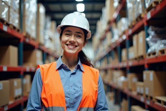 Smiling Female Logistics Coordinator Efficiently Managing Operations in Warehouse Environment