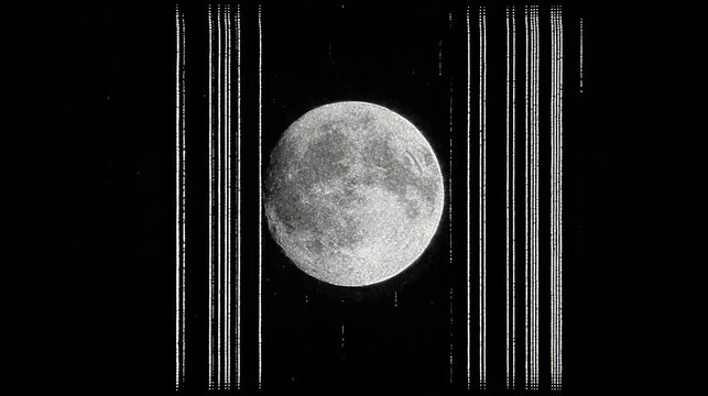 Grainy, monochrome image of the moon, framed by vertical lines