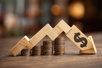 Wooden blocks forming a downward trend graph, a dollar sign with an arrow pointing down, over stacks of coins