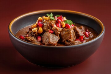 Delicious Fesenjan Dish Presented Beautifully in a Dark Brown Bowl