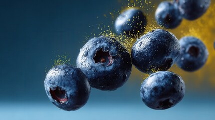 Wet Blueberries Suspended in the Air With Golden Dust Around Them