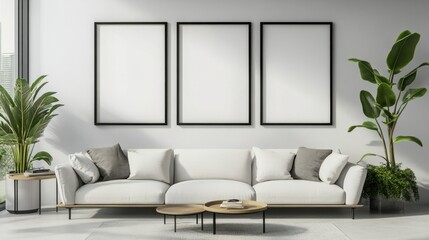 Set of Three Blank Black Frames Mockup on Gallery Wall