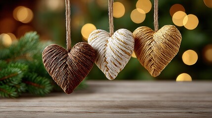Scandinavian Heart Ornaments Made of Straw Hang Against Holiday Lights
