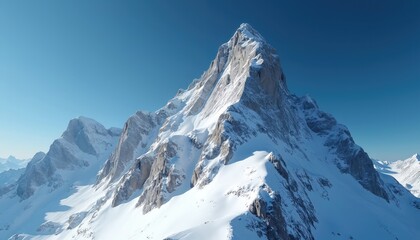 Majestic snow-covered mountain peak under a clear blue sky. Majestic landscape offers serenity and natural beauty. Pristine winter scene perfect for travel, adventure, or extreme sports content.