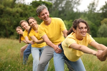 Fototapeta premium Team building. Group of happy people holding hands outdoors