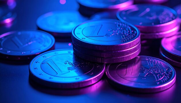 Stacks of euro coins lit with vibrant purple and blue light - Powered by Adobe