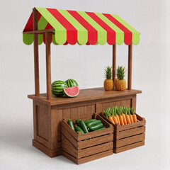 Vibrant Wooden Market Stall with Fresh Produce under a Striped Canopy