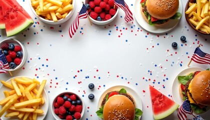 Festive Independence Day BBQ spread featuring classic American foods like burgers, fries. Decorated with US flags, confetti, watermelon, blueberries, raspberries, overhead shot evokes patriotic
