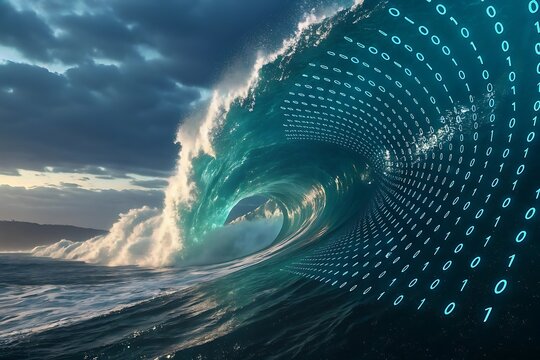 Digital wave of binary code crashing on beach technology concept high resolution photo