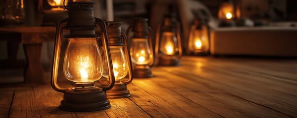Antique oil lamps illuminating a wooden surface.