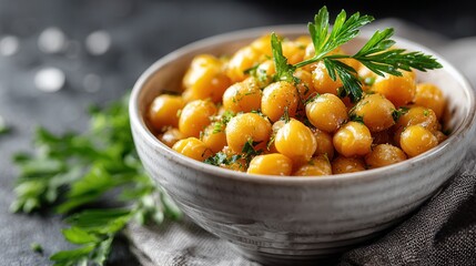 Bowl of Cooked Chickpeas With Parsley Garnish, Minimal Styling