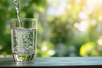 Clear glass of water being filled, sunlight through blurred foliage