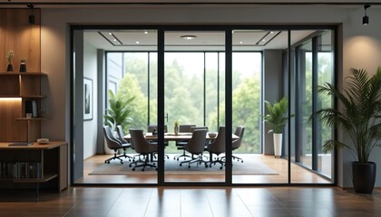 Modern office interior with glass partition and conference room. Features wood furniture, plants, and natural light creating a bright, airy workspace. Sleek design with grey neutral tones.