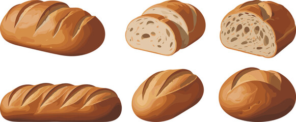 Bread variety illustration, rustic loaf artwork, sliced bread clipart, bakery product design, artisan crust texture, food drawing, culinary element
