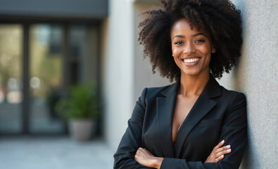 Smiling African American businesswoman in black suit, arms crossed. Confident pose against textured wall, blurred office building background. Natural afro hairstyle, professional look.