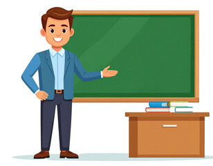 Smiling teacher at blackboard cartoon vector transparent background