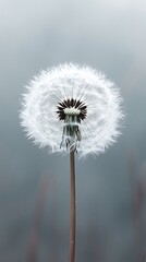 Fototapeta premium Close up of a delicate white dandelion seed head against a soft grey background