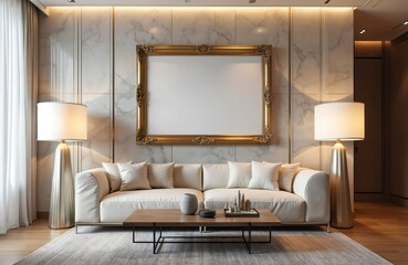 Modern living room interior features plush white sofa, wooden coffee table with decor, two elegant floor lamps. Large, ornate gold empty picture frame hangs on marble-patterned wall, offering ample