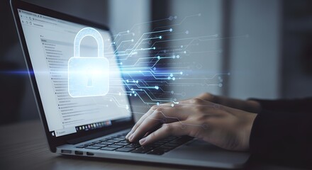 Hands type on a laptop with a padlock symbol, representing cybersecurity, data protection, and online privacy, ensuring secure access and preventing identity theft