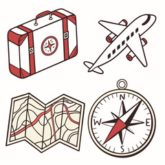 Travel vector icons: suitcase, airplane, map, compass

