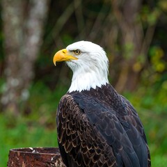 Obraz premium Majestic bald eagle portrait showcasing its powerful gaze and vibrant plumage against nature