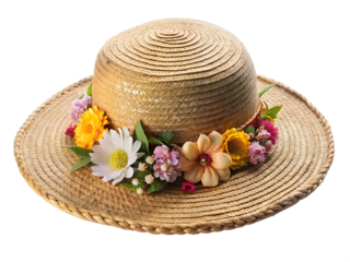 Straw hat with flowers isolated on transparent background for summer fashion