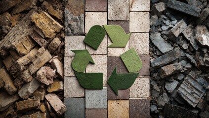Recycling symbol amidst construction debris