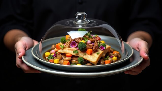 Chef presents delicious gourmet dish under glass cloche