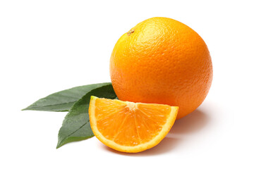 Whole, cut oranges and green leaves isolated on white