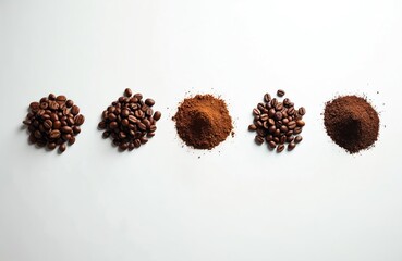 Top view of whole roasted coffee beans, ground coffee arranged in rows on white background. Varieties of coffee bean texture, grind size are displayed, perfect for cafe menus or beverage promotions.
