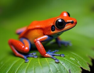 Obraz premium Vibrant red, blue frog sits on green leaf. Small amphibian striking coloration, detailed skin texture, large black eyes. Bright colors might indicate toxicity. Perfect for biology, nature, exotic