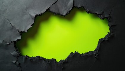 Torn black paper reveals vibrant lime green background. Abstract textured design shows ripped paper edges and grunge effect. High contrast, dramatic overlay for graphic arts, distressed material.