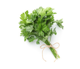 Bunch of fresh parsley isolated on white, top view