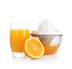 Tasty orange juice, cut fresh fruit and juicer isolated on white