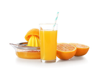 Tasty orange juice, cut fresh fruits and juicer isolated on white