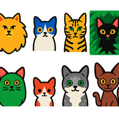 Cat Breed Icons. Flat vector icons of cat breeds: Aphrodite Giant soft mane, Ojos Azules small head, Sokoke wild stripes.